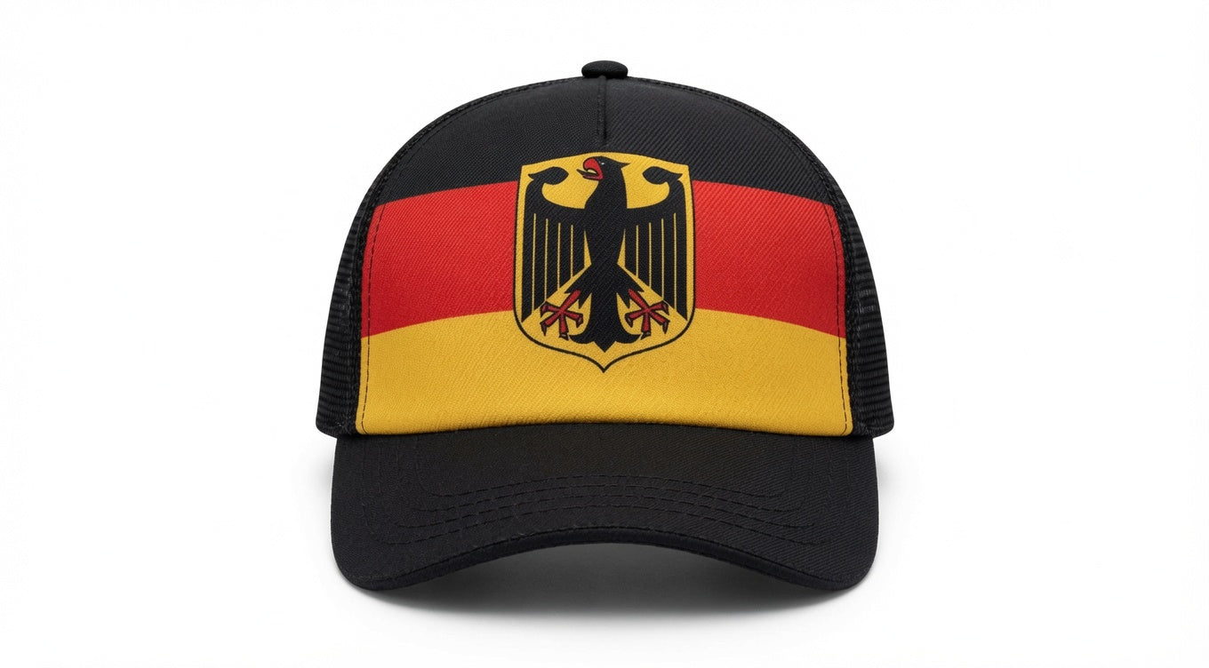 Germany Flag Trucker Baseball Cap with Eagle Crest | Adjustable Snapback Hat | Black Red Gold German National Cap JR SPORTING GOODS INC