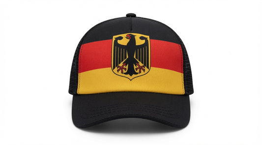 Germany Flag Trucker Baseball Cap with Eagle Crest | Adjustable Snapback Hat | Black Red Gold German National Cap JR SPORTING GOODS INC