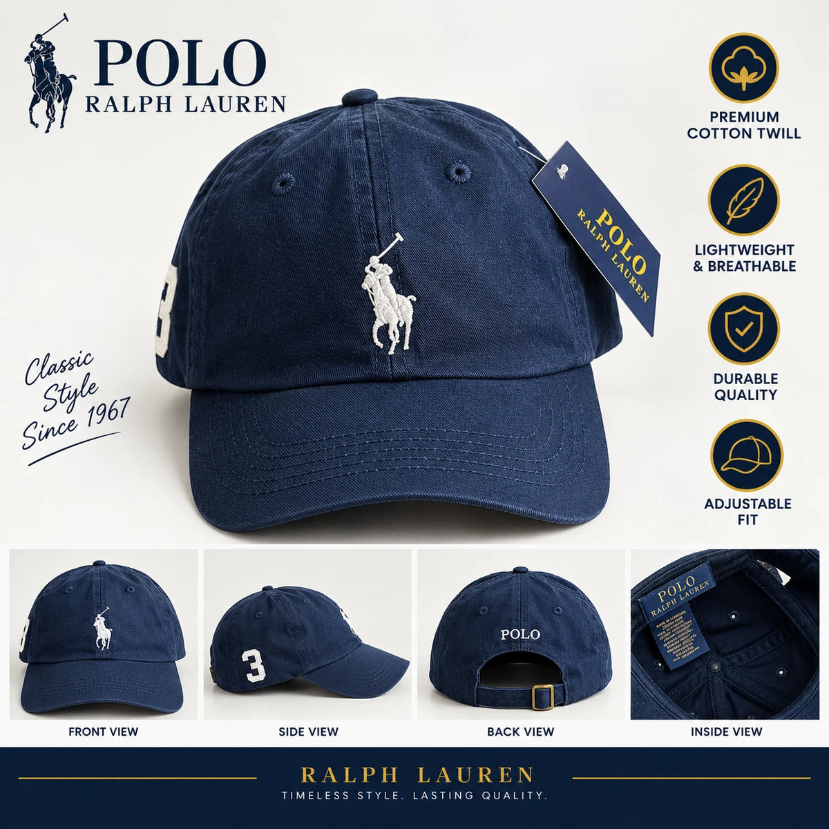 Polo Ralph Lauren Navy Blue Adjustable Cotton Chino Baseball Cap – One Size JR SPORTING GOODS INC